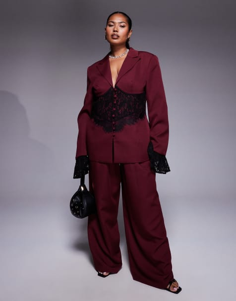 ASOS LUXE Curve tailored wide leg pants in dark cherry - part of a set - view 1