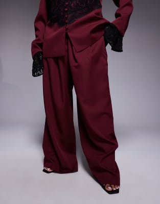 Asos Luxe Curve Tailored Wide Leg Pants In Burgundy