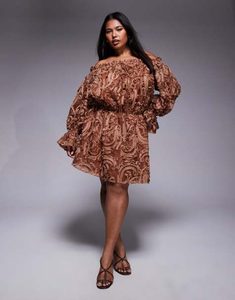 ASOS LUXE Curve textured off shoulder oversized mini dress with drop waist in chocolate - view 1