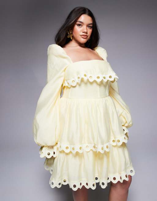 ASOS LUXE Curve tiered puff sleeve mini dress with cut out trim in buttermilk, 3 of 4