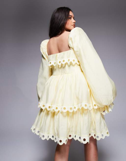 ASOS LUXE Curve tiered puff sleeve mini dress with cut out trim in buttermilk, 4 of 4