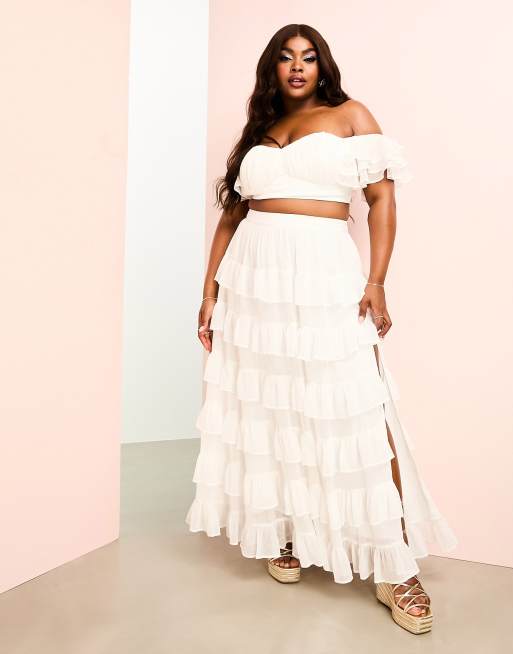 ASOS LUXE Curve beach ruched bralette with tiered sheer sleeves and skirt  set in white