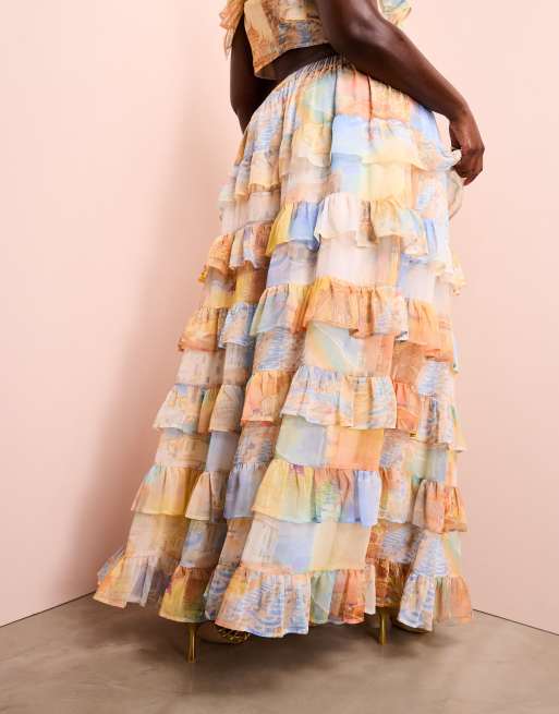 ASOS LUXE Curve tiered sheer maxi skirt in postcard print - part of a set, 2 of 5