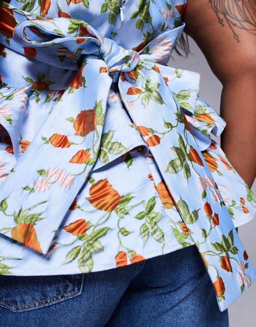 ASOS LUXE Curve - Top à basque en jacquard avec nœud dans le dos - Fleuri capri, 2 de 4