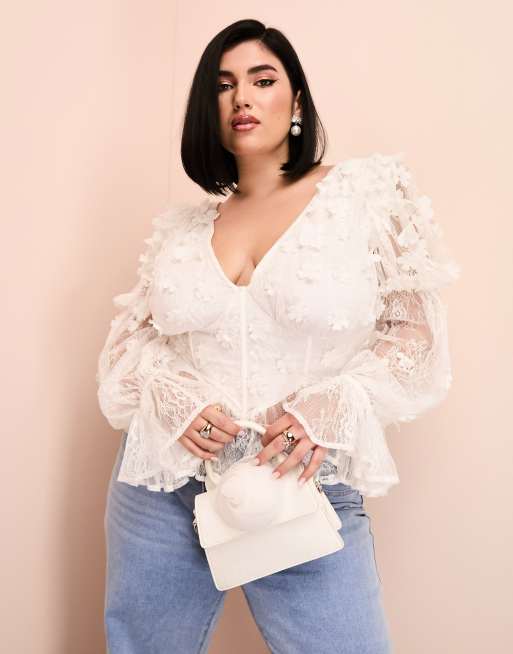 ASOS Luxe Curve - Top a maniche lunghe con scollo bardot in rete bianco a fiori in velluto con perline decorative