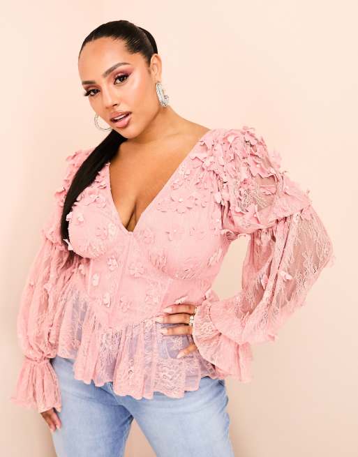 ASOS Luxe Curve - Top a maniche lunghe con scollo bardot in rete rosa a fiori in velluto con perline decorative