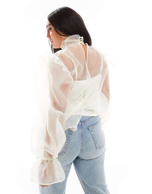 ASOS LUXE Curve - Top a maniche lunghe in organza avorio con fiocco e canottiera, 2 di 4