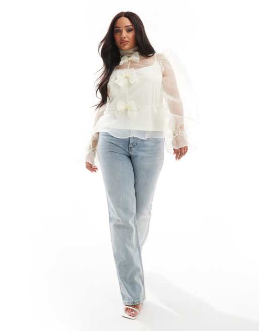 ASOS LUXE Curve - Top a maniche lunghe in organza avorio con fiocco e canottiera, 4 di 4