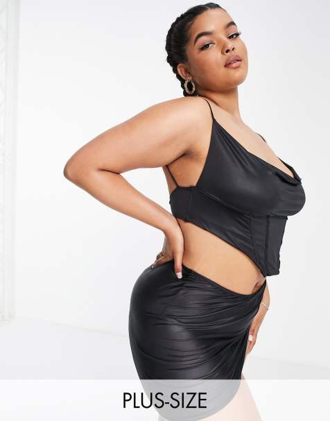 ASOS LUXE Curve - Top bikini a corsetto in raso nero - view 1