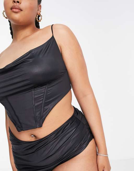 ASOS LUXE Curve - Top bikini a corsetto in raso nero, 3 di 4