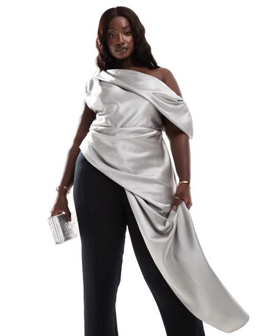 ASOS Luxe Curve - Top con drappeggio vistoso in raso argento in coordinato
