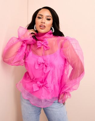 ASOS LUXE Curve organza long sleeve top with bow detail and cami in pink  - ASOS Price Checker