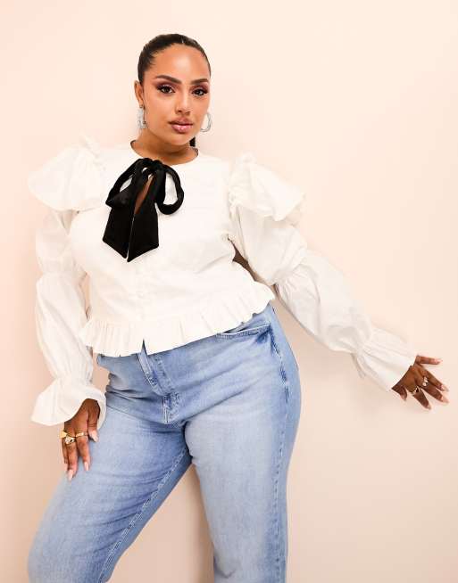ASOS Luxe Curve - Top in popeline di cotone bianco con volant e fiocco in velluto nero a contrasto
