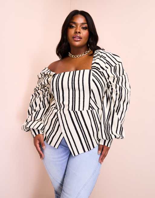 ASOS Luxe Curve - Top in popeline di cotone nero e bianco a righe con maniche esagerate