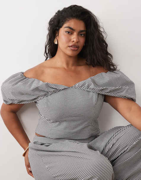 ASOS LUXE Curve - Top peplo a quadretti con spalle scoperte in coordinato - view 1