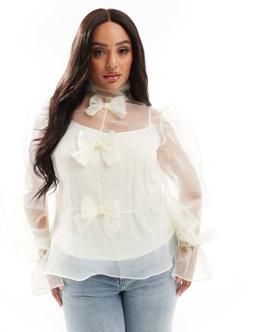 ASOS LUXE Curve - Top van organza met lange mouwen en strikdetail en cami in ivoor