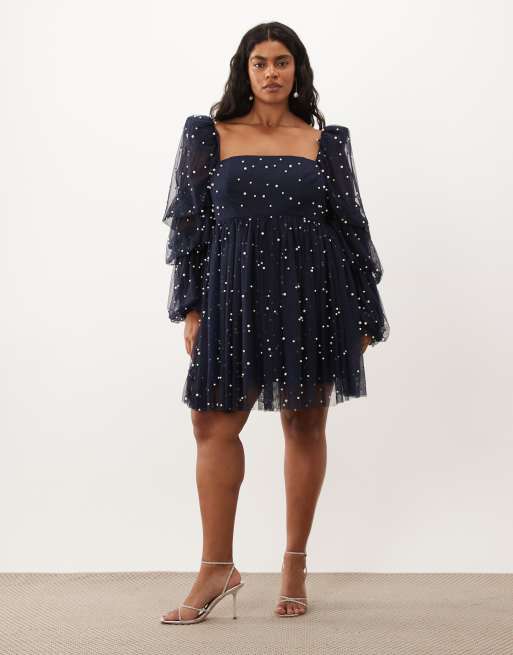 navy blue baby doll dress ASOS LUXE Curve tulle with faux-pearl embellishment in SIZE:14W