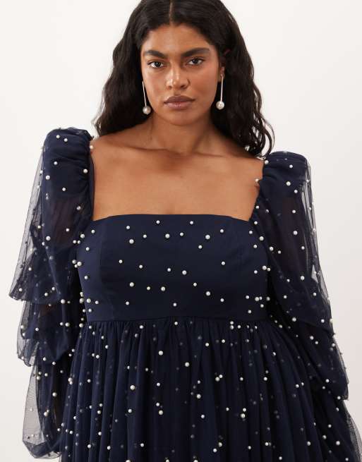 ASOS LUXE Curve tulle baby doll dress with faux-pearl embellishment in navy