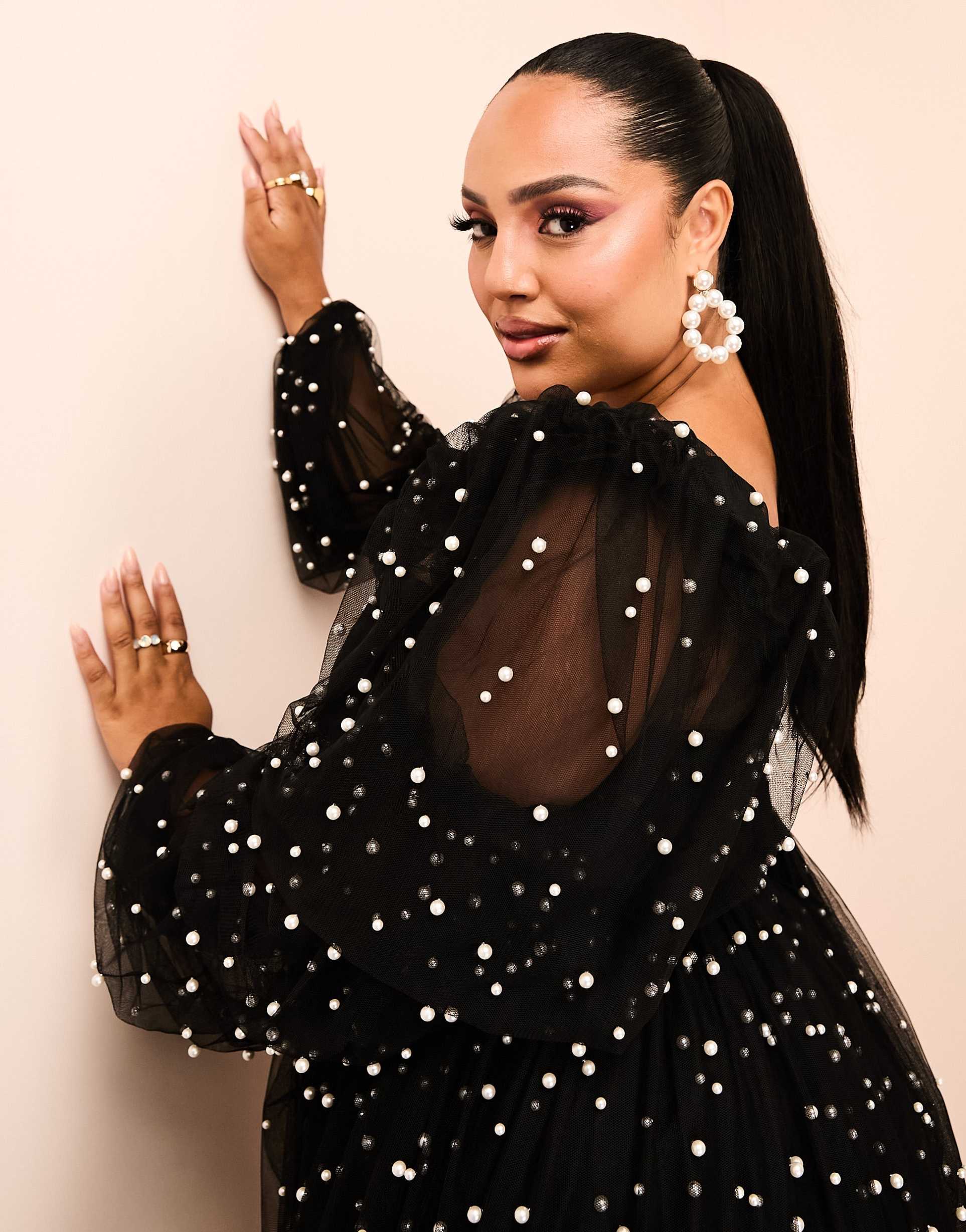 asos luxe curve tulle baby doll dress with pearl embellishment in black