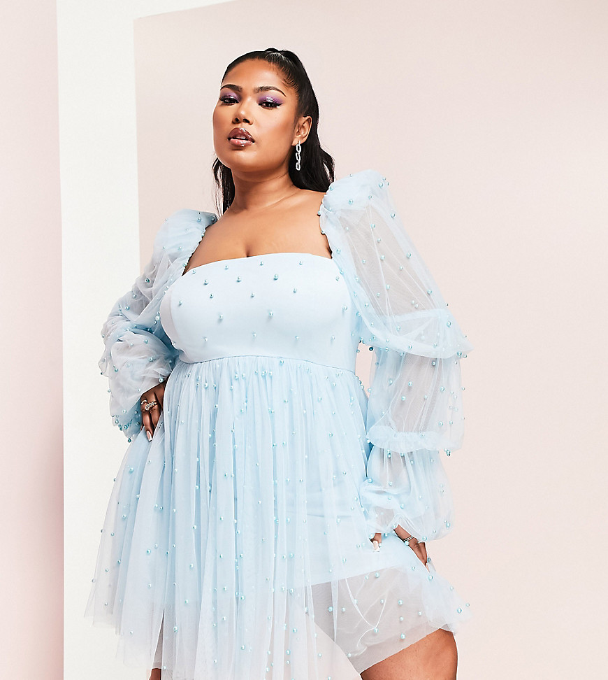 ASOS LUXE Curve tulle baby doll dress with pearl embellishment in blue-Pink