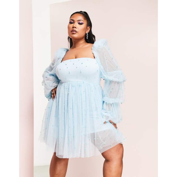 ASOS LUXE Curve tulle baby doll dress with pearl embellishment in blue |