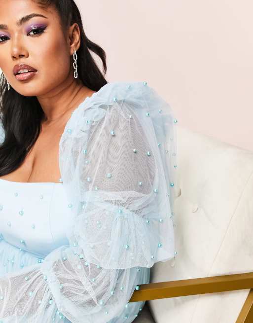 ASOS LUXE Curve tulle baby doll dress with pearl embellishment in blue