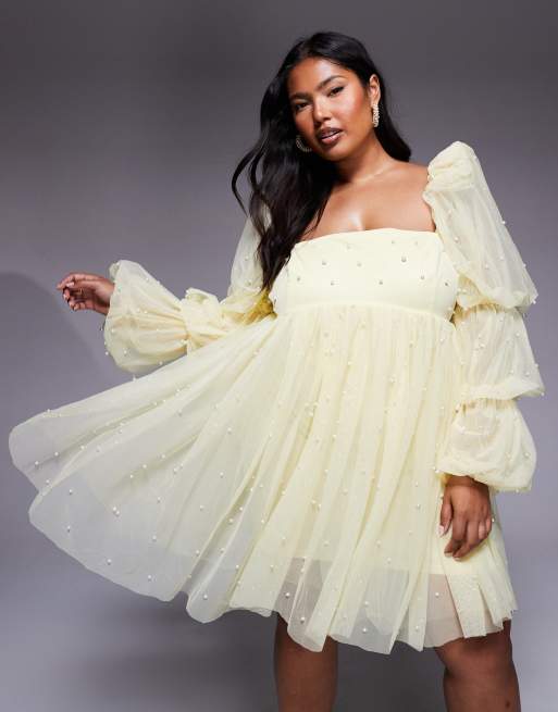 ASOS LUXE Curve tulle baby doll dress with pearl embellishment in buttermilk