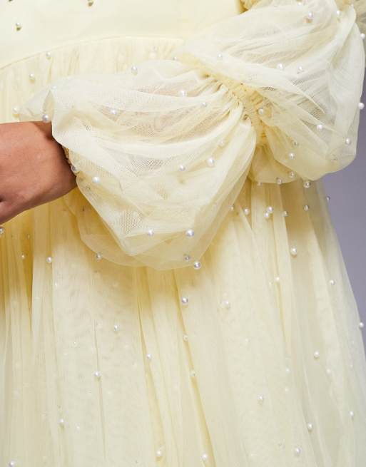 ASOS LUXE Curve tulle baby doll dress with pearl embellishment in buttermilk