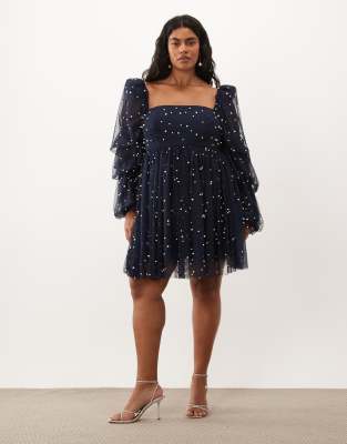 Asos Luxe Curve Tulle Baby Doll Dress With Pearl Embellishment In Blue