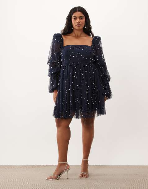 ASOS LUXE Curve tulle baby doll dress with pearl embellishment in navy