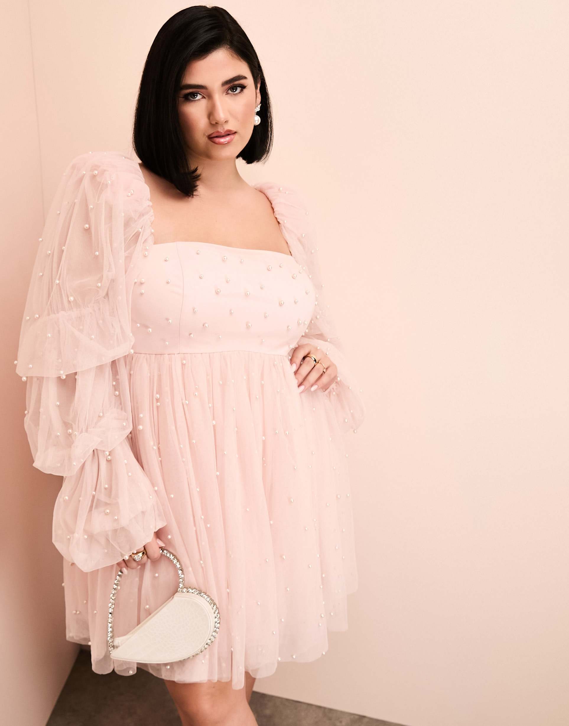 asos luxe curve tulle baby doll dress with pearl embellishment in pink