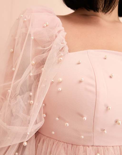 ASOS LUXE Curve tulle baby doll dress with pearl embellishment in pink ASOS