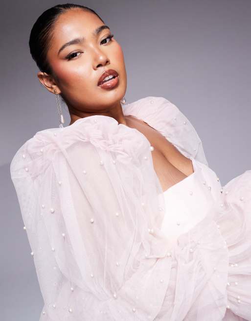 ASOS LUXE Curve tulle baby doll top with pearl embellishment