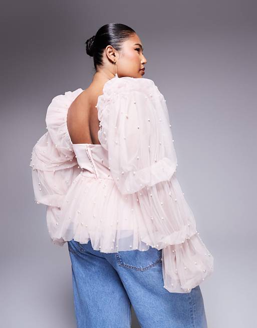ASOS LUXE Curve tulle baby doll top with pearl embellishment ASOS LUXE Curve tulle baby doll top with pearl embellishment