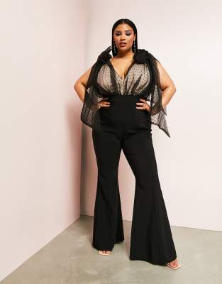 ASOS LUXE Curve - Tuta jumpsuit a zampa nera con dettagli plumetis allacciati sulle spalle