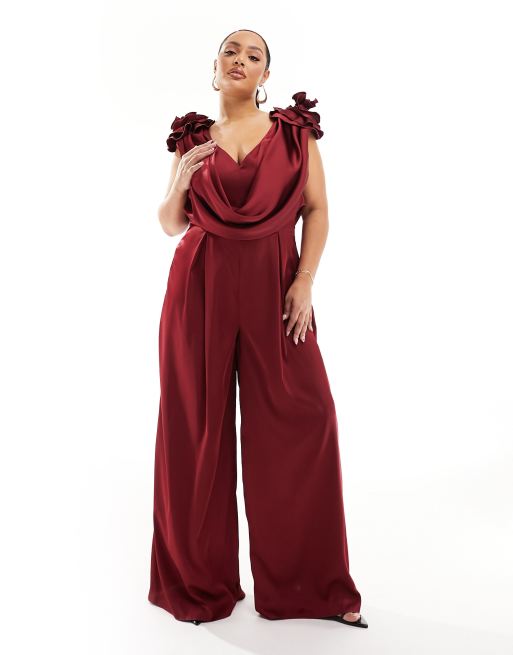 ASOS LUXE Curve - Tuta jumpsuit in raso bordeaux con scollo profondo e decorazioni floreali oversize