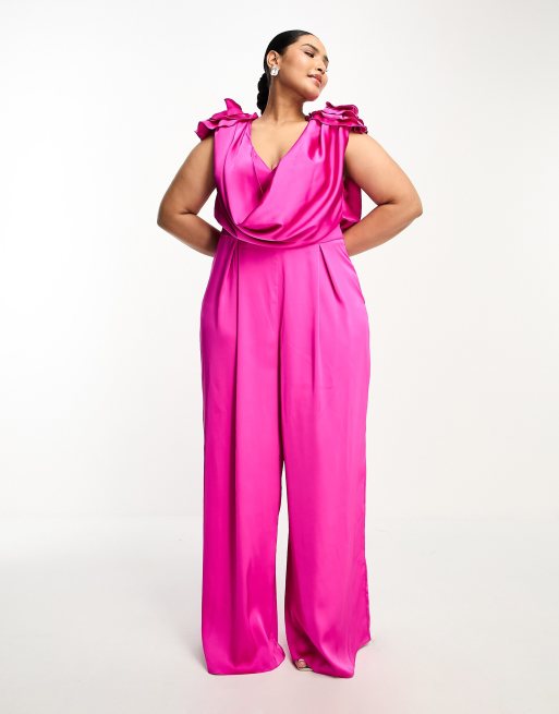 ASOS LUXE Curve - Tuta jumpsuit in raso rosa con scollo profondo e decorazioni floreali oversize