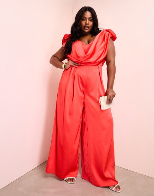 ASOS LUXE Curve - Tuta jumpsuit in raso rosso con scollo profondo e decorazioni floreali oversize
