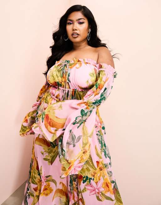 ASOS LUXE Curve - Tuta jumpsuit trasparente da spiaggia con spalle scoperte e maniche lunghe a fiori