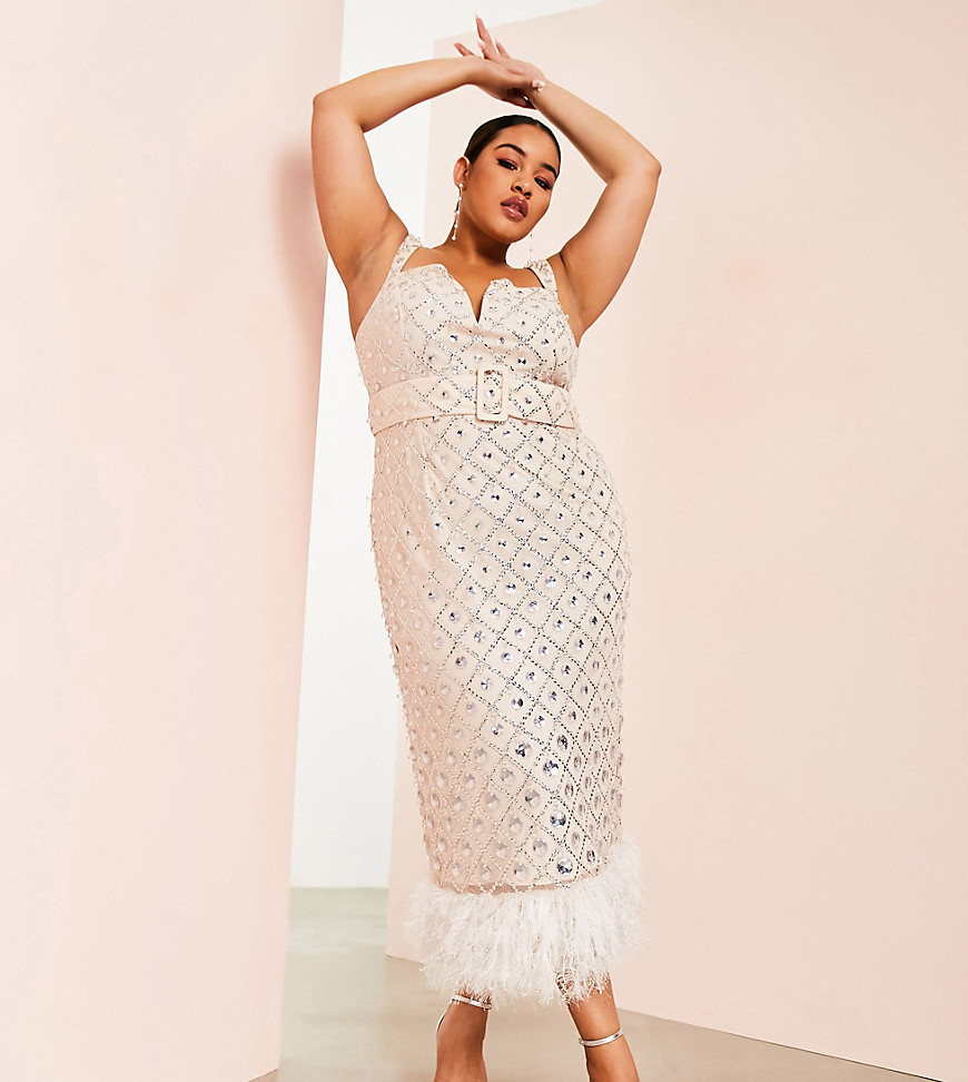 ASOS LUXE Curve v neck square grid embellished midi dress with faux feather trim in blush-Neutral