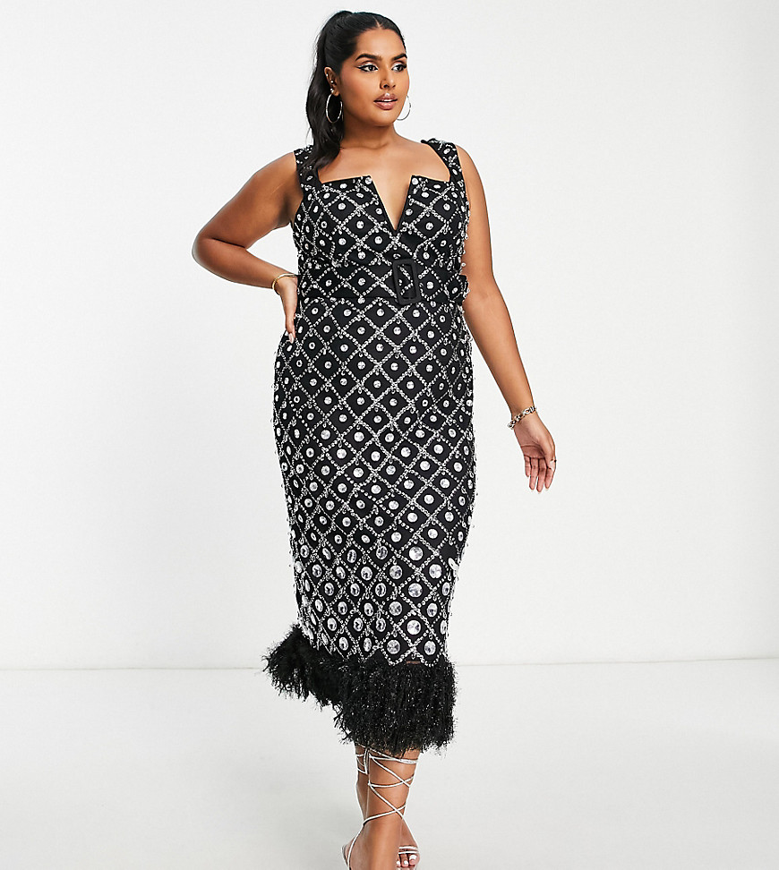 ASOS LUXE Curve v neck square grid embellished midi dress with feather trim in black and silver-Multi