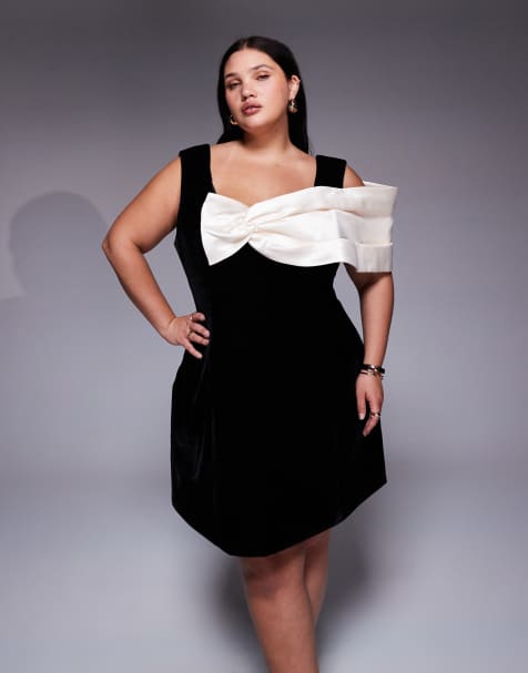 ASOS LUXE Curve velvet mini dress with structured satin drape in black - view 1