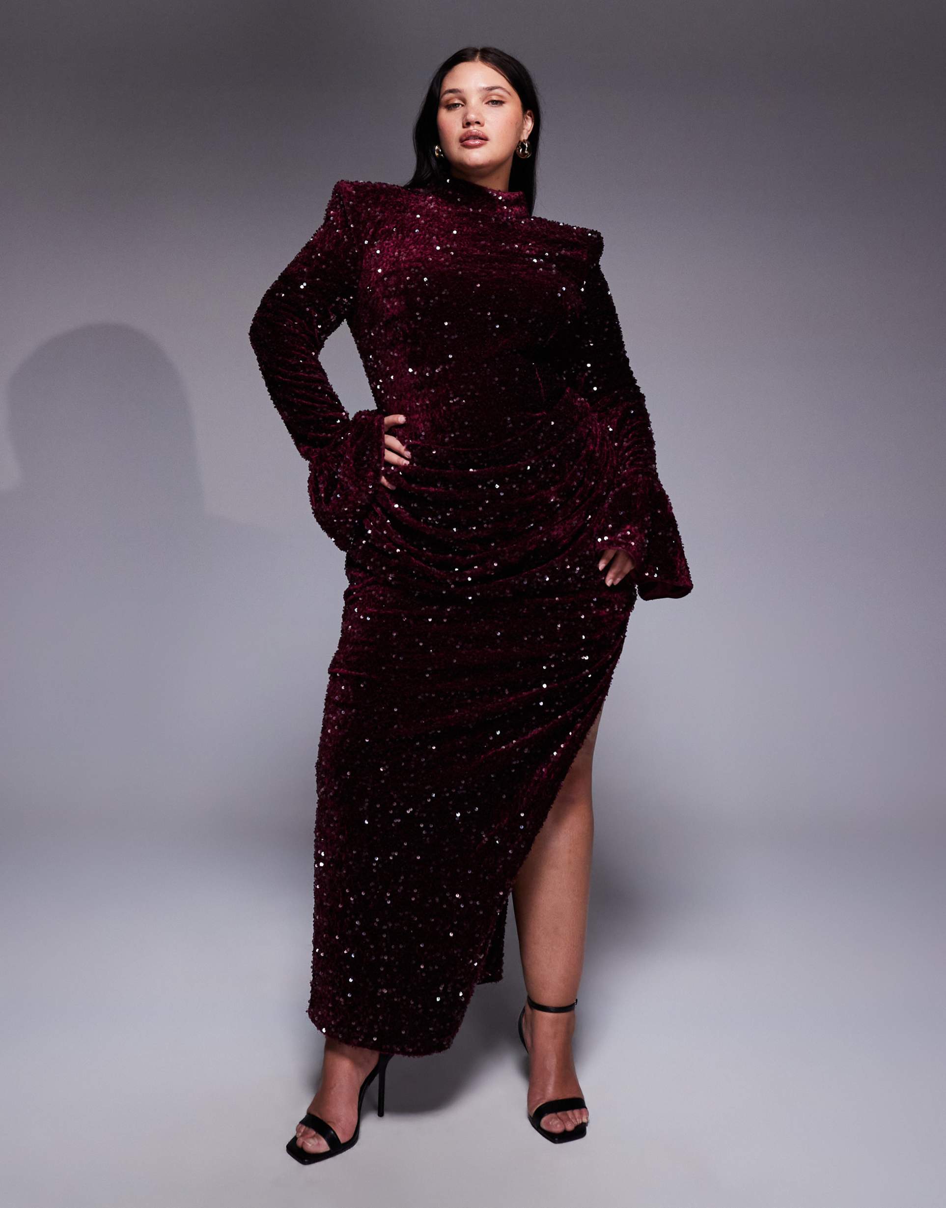 asos luxe curve velvet sequin maxi dress with drape waist in burgundy