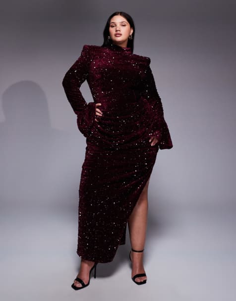 ASOS LUXE Curve velvet sequin maxi dress with drape waist in burgundy