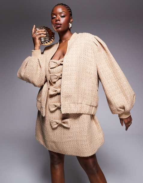 ASOS LUXE Curve – Verzierte Bomberjacke aus Bouclé in Gold - view 1