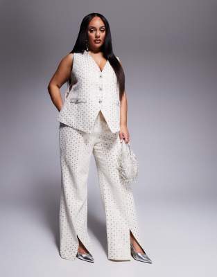 ASOS LUXE Curve - Verzierte Bouclé-Hose in Cremeweiß, Kombiteil