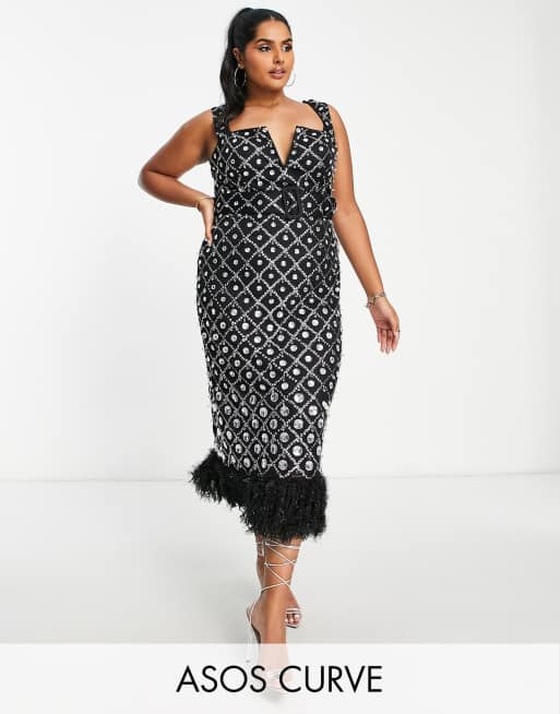 ASOS LUXE Curve – Verziertes Midikleid in Schwarz und Silber mit V-Ausschnitt, quadratischem Gittermuster und Kunstfederbesatz