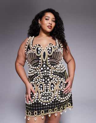 ASOS LUXE Curve - Verziertes Minikleid in Schwarz mit eckigem Ausschnitt-Bunt