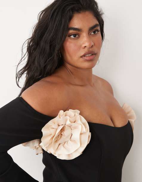 ASOS LUXE Curve - Vestido corto negro de corte skater con escote Bardot y detalles florales - view 1