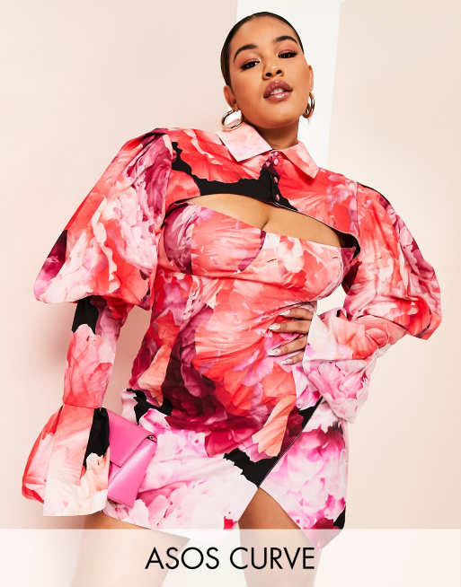 ASOS LUXE Curve - Vestito camicia rosso e bianco a fiori con maniche svasate e cut-out